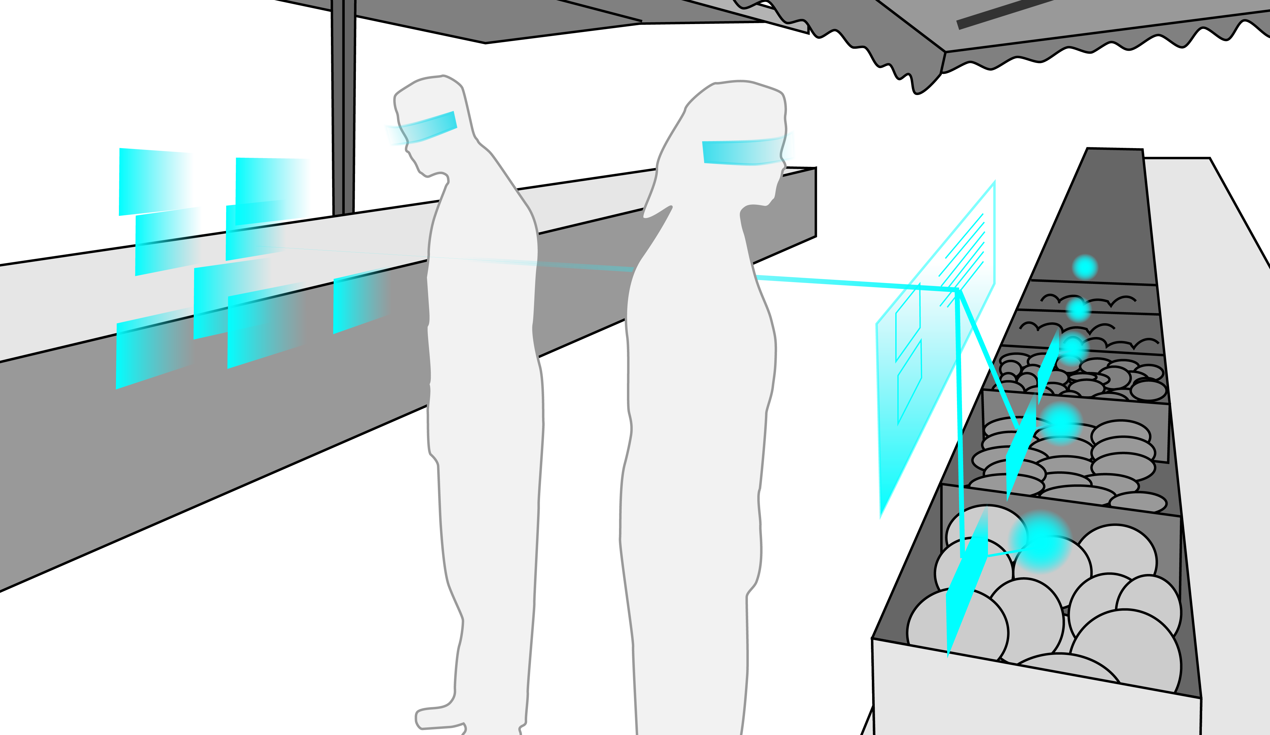 Illustration of the envisioned market place scenario, showing two users with AR headsets shopping for groceries.
