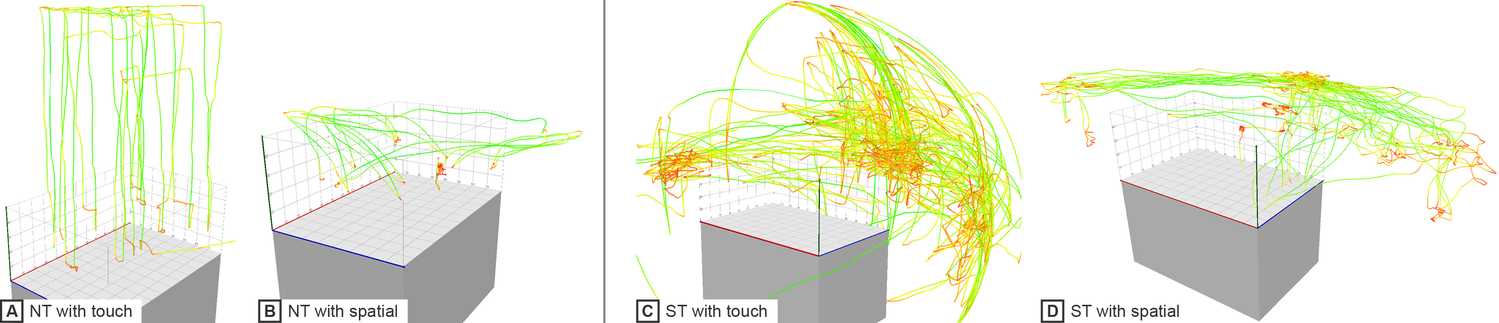 Four screenshots of our prototype showing typical interaction and exploration patterns.